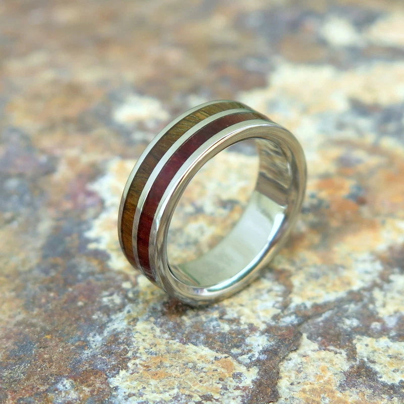 Koa Wood Double Titanium Inlay Ring