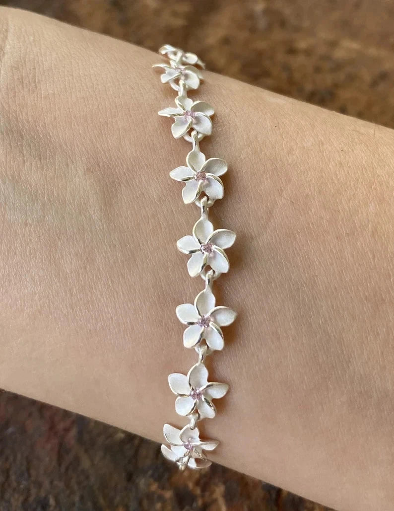 Plumeria Lei Bracelet with Pink Gems - Silver