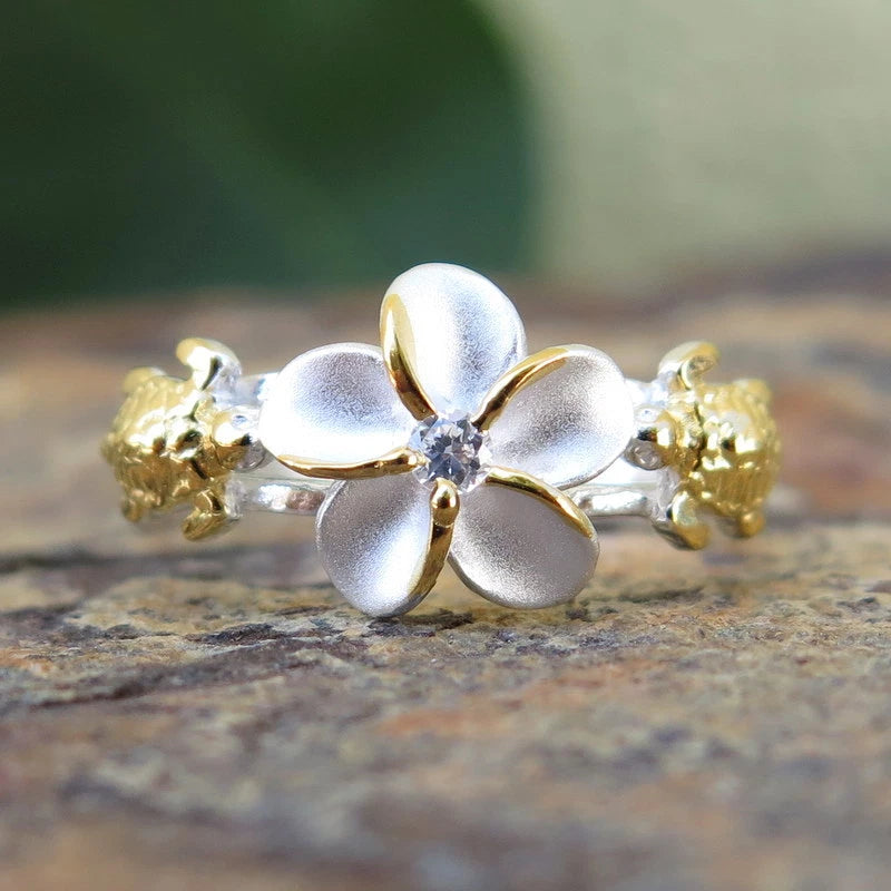 Honu Plumeria Ring - Gold & Silver
