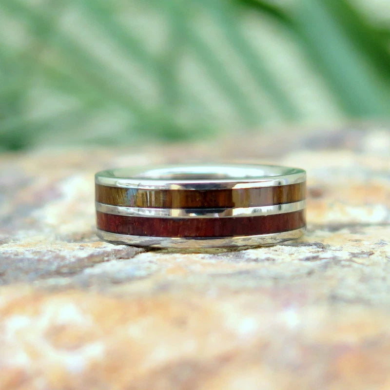 Koa Wood Double Titanium Inlay Ring