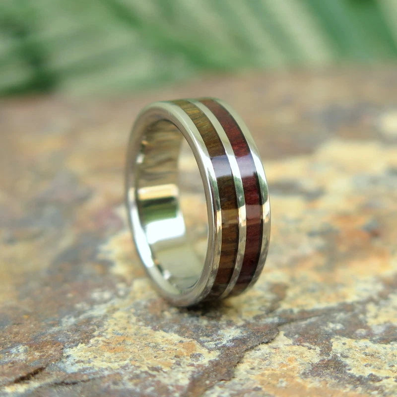 Koa Wood Double Titanium Inlay Ring