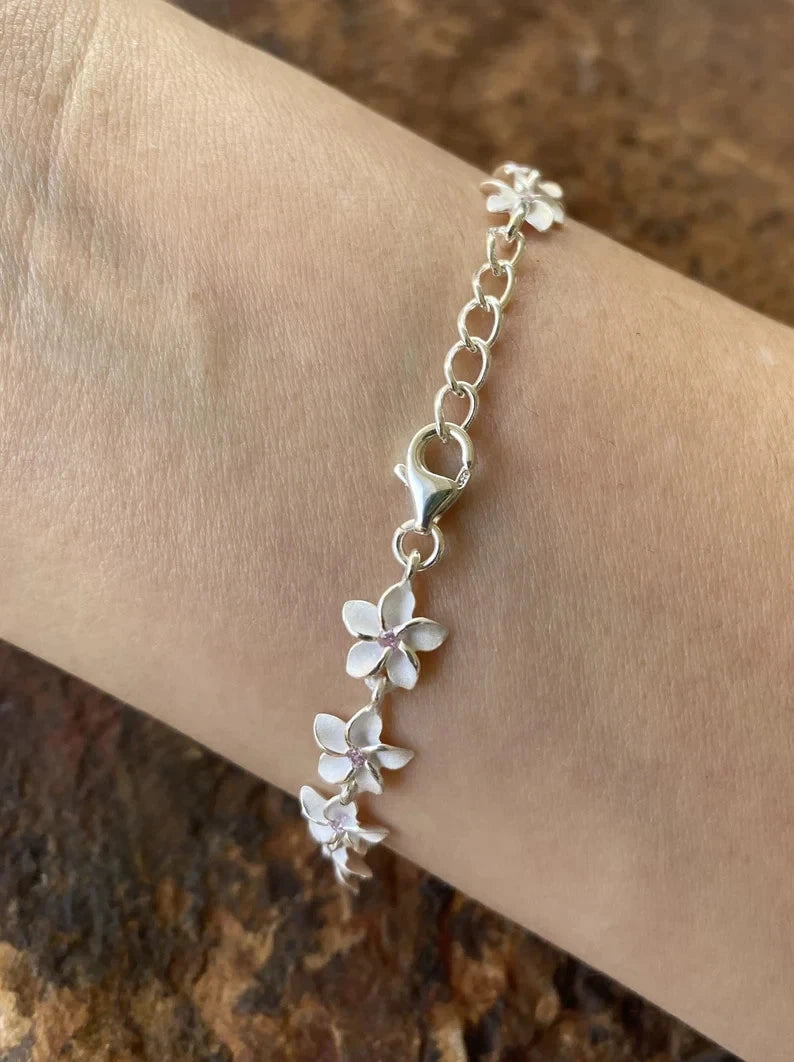 Plumeria Lei Bracelet with Pink Gems - Silver