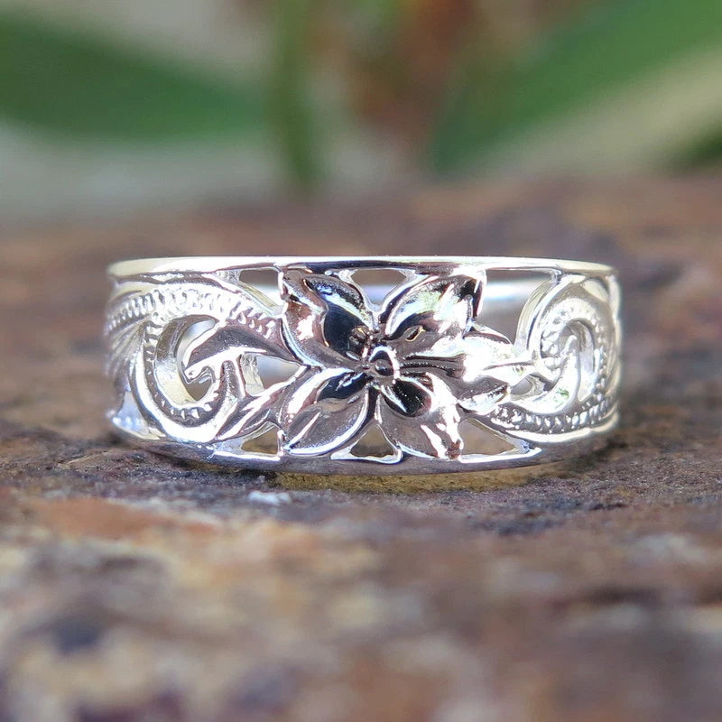 Plumeria Cutout Scrolling Ring - Silver