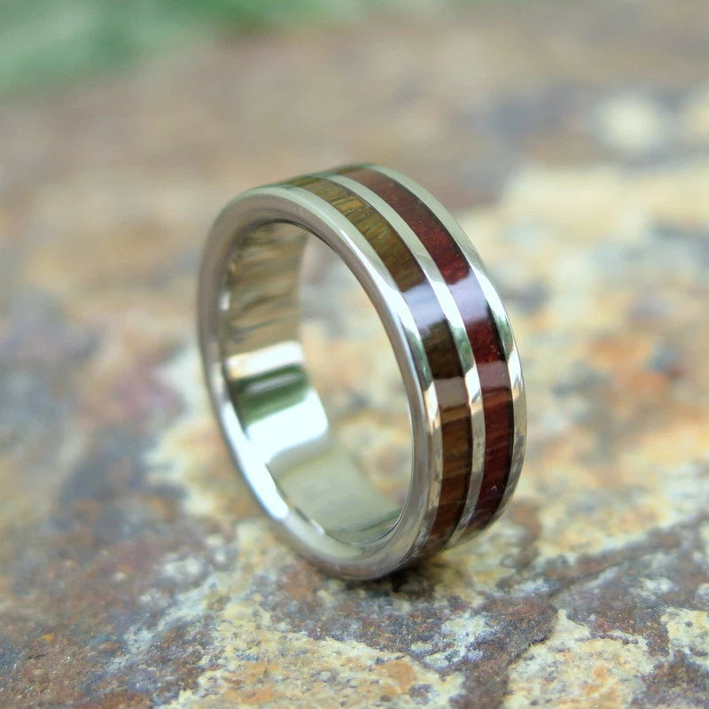 Koa Wood Double Titanium Inlay Ring
