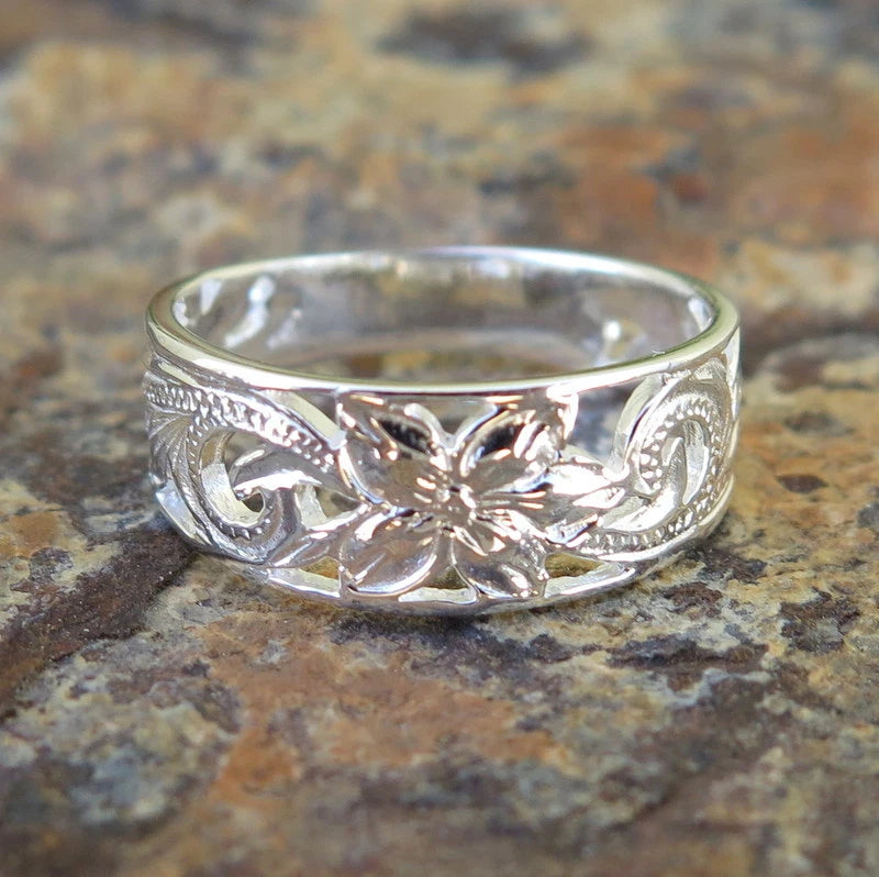 Plumeria Cutout Scrolling Ring - Silver