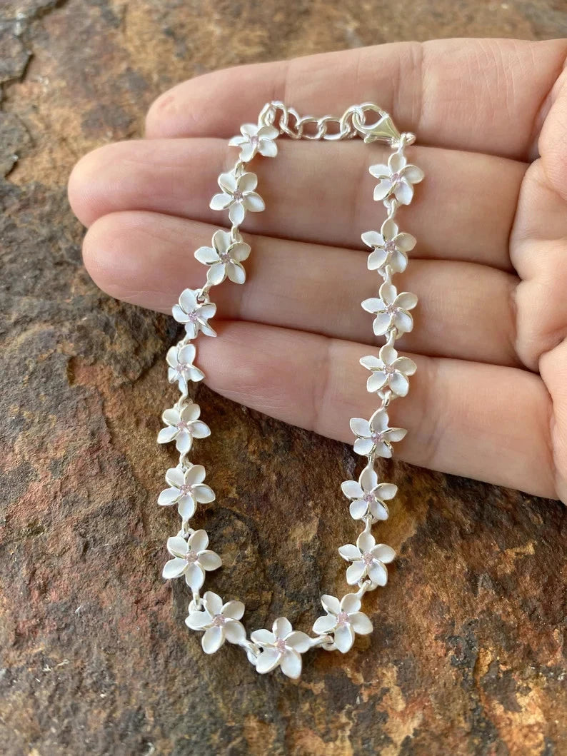Plumeria Lei Bracelet with Pink Gems - Silver