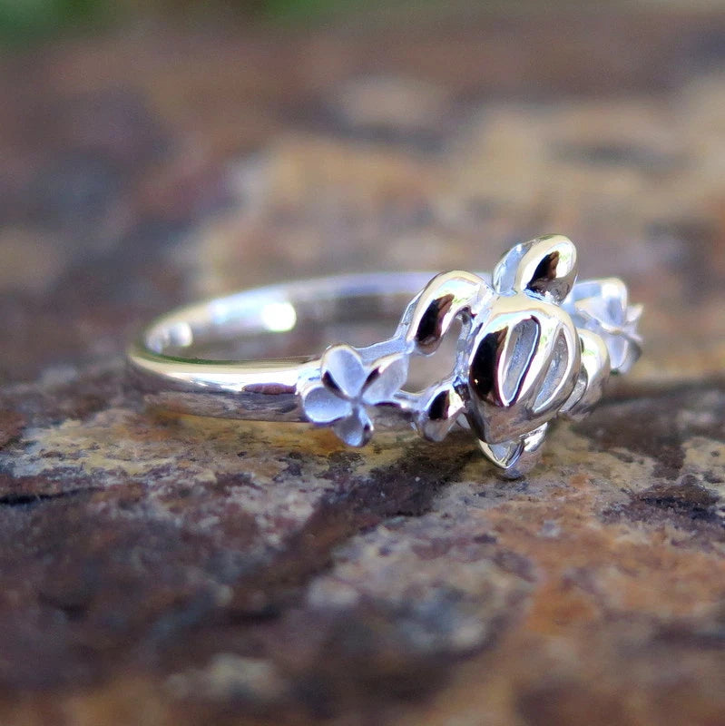 Honu Plumeria Ring - Silver