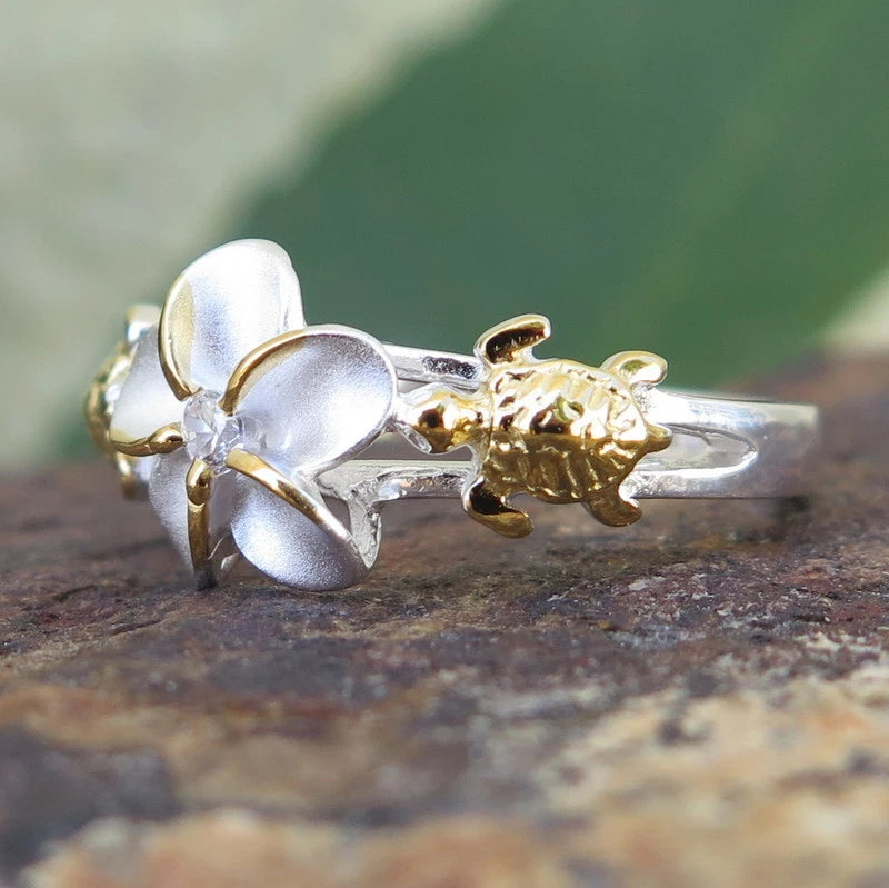 Honu Plumeria Ring - Gold & Silver