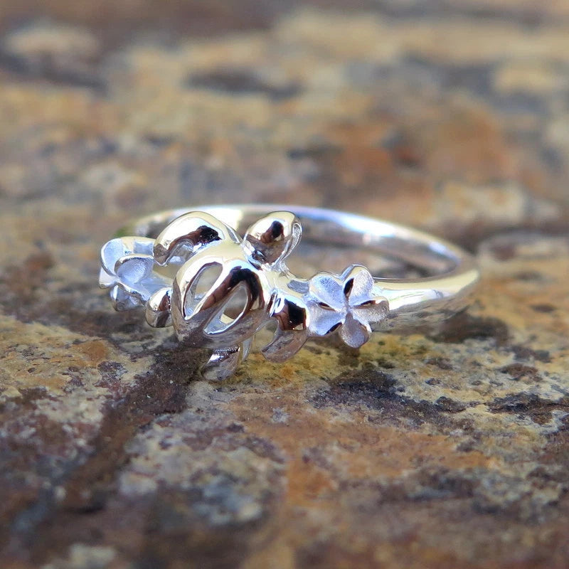 Honu Plumeria Ring - Silver